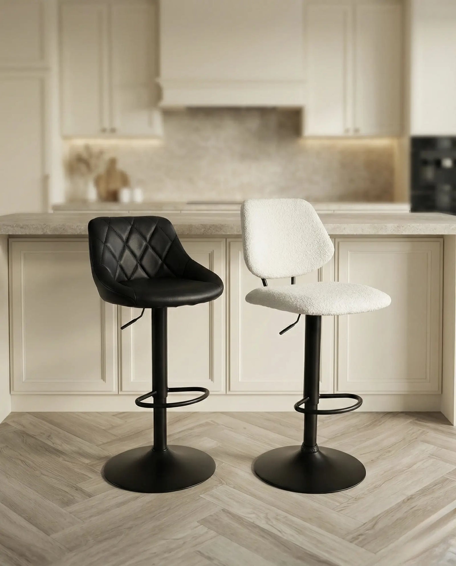 Furnitura Nova and Orion modern gas lift bar stools in black and white, shown in a lifestyle kitchen setting.