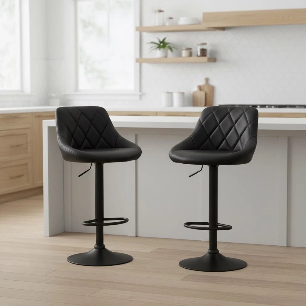 Set of 2 Nova Bar Stools – Modern Kitchen Island Stools with Matte Black Metal Base - Furnitura